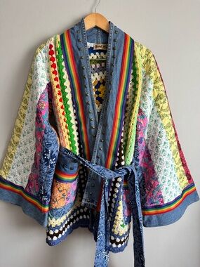OOAK Reworked Denim Quilt Jacket Crochet Granny Square Rainbow Studded Boho os